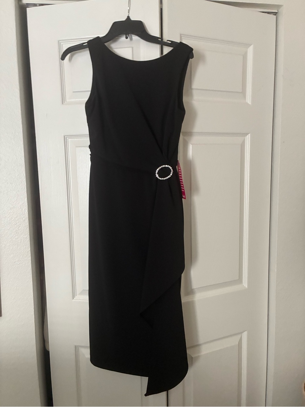 Betsy & Adam Black Sleeveless Midi Dress with Rhinestone Buckle Accent